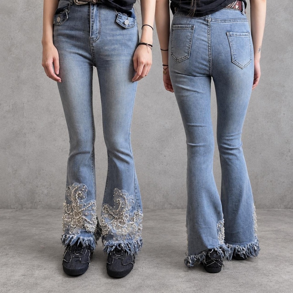 Pearl Embellished Lace Flare Jeans Blue Boho Coquette Frayed Hem Denim 24